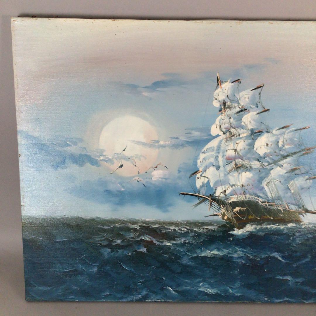 No4800 額装　油彩画　朝日　帆船　直筆サイン　箱付　絵画　美術　送料無料