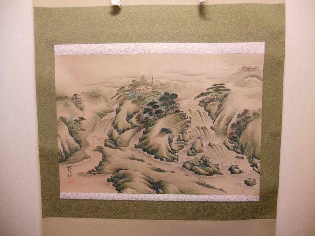 掛け軸 富田渓仙 彩色山水 絹本 希少 軸装 茶道具 掛軸 美品 です。