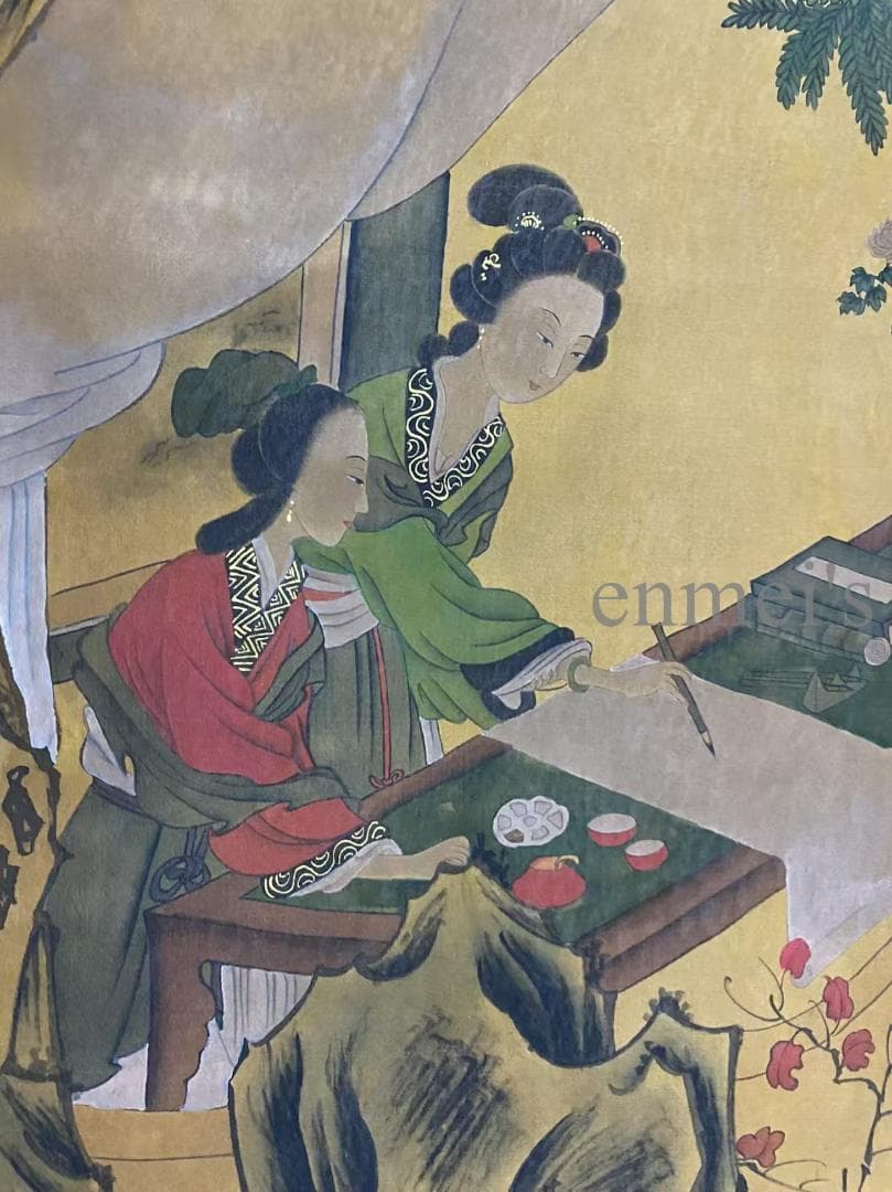 中国古美術 明代 仇英款 仕女人物画 掛軸 絹布 唐物 水彩画 名家書画
