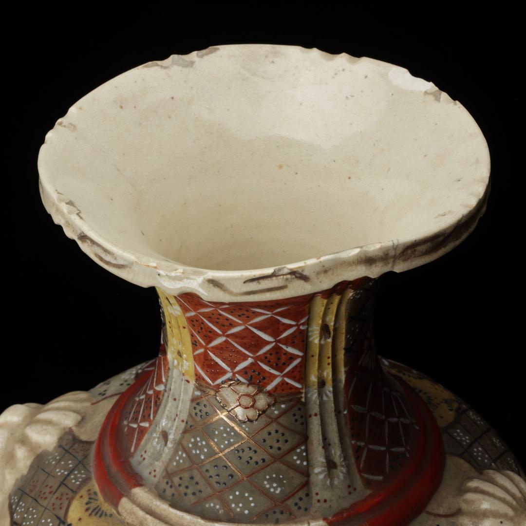 薩摩焼 色絵金彩 武者人物図大花瓶 54 耳付 飾壺 古美術 骨董