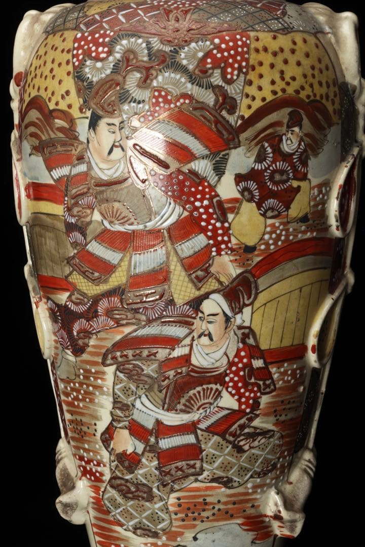 薩摩焼 色絵金彩 武者人物図大花瓶 54㎝ 耳付 飾壺 古美術