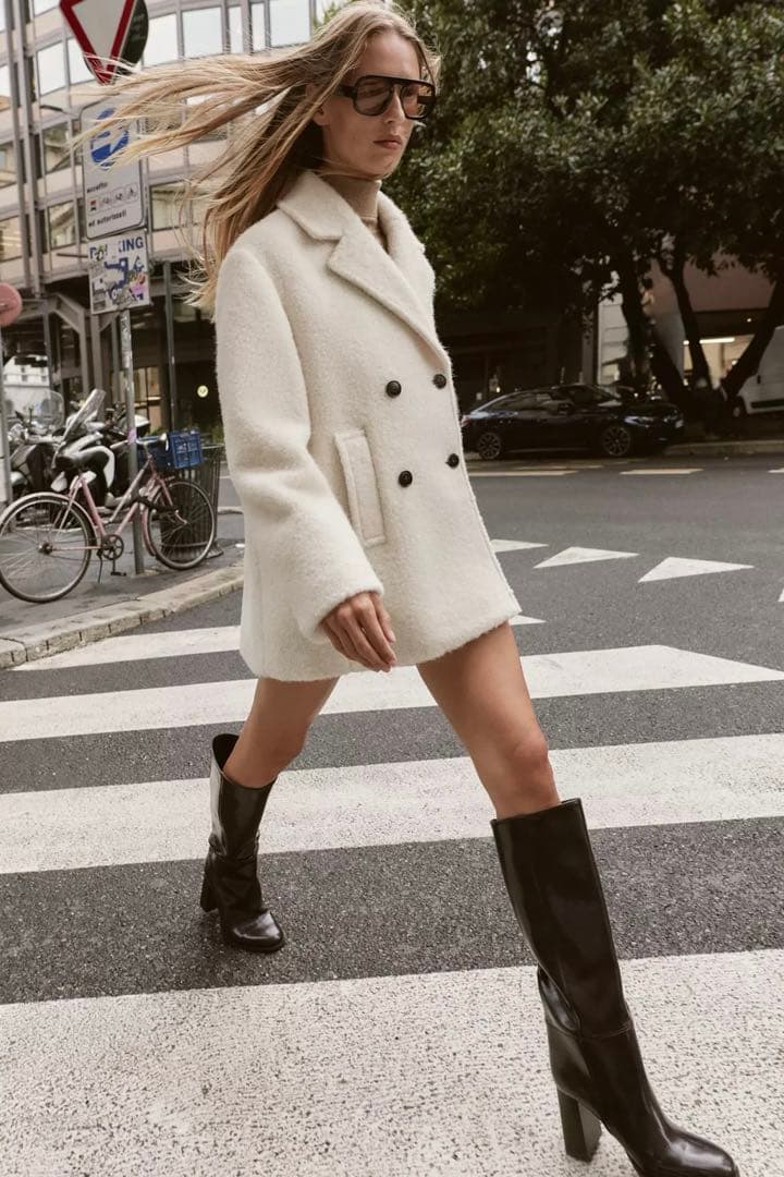 未使用 ZARA ブークレダブルブレストミディ丈コート アイボリー