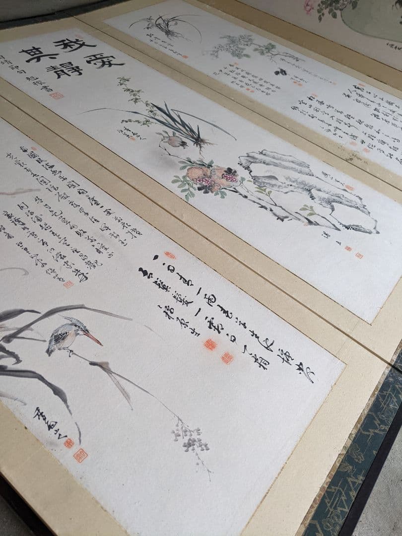 明治/六曲屏風 木箱セット/明治期書画家の合作/希少骨董古