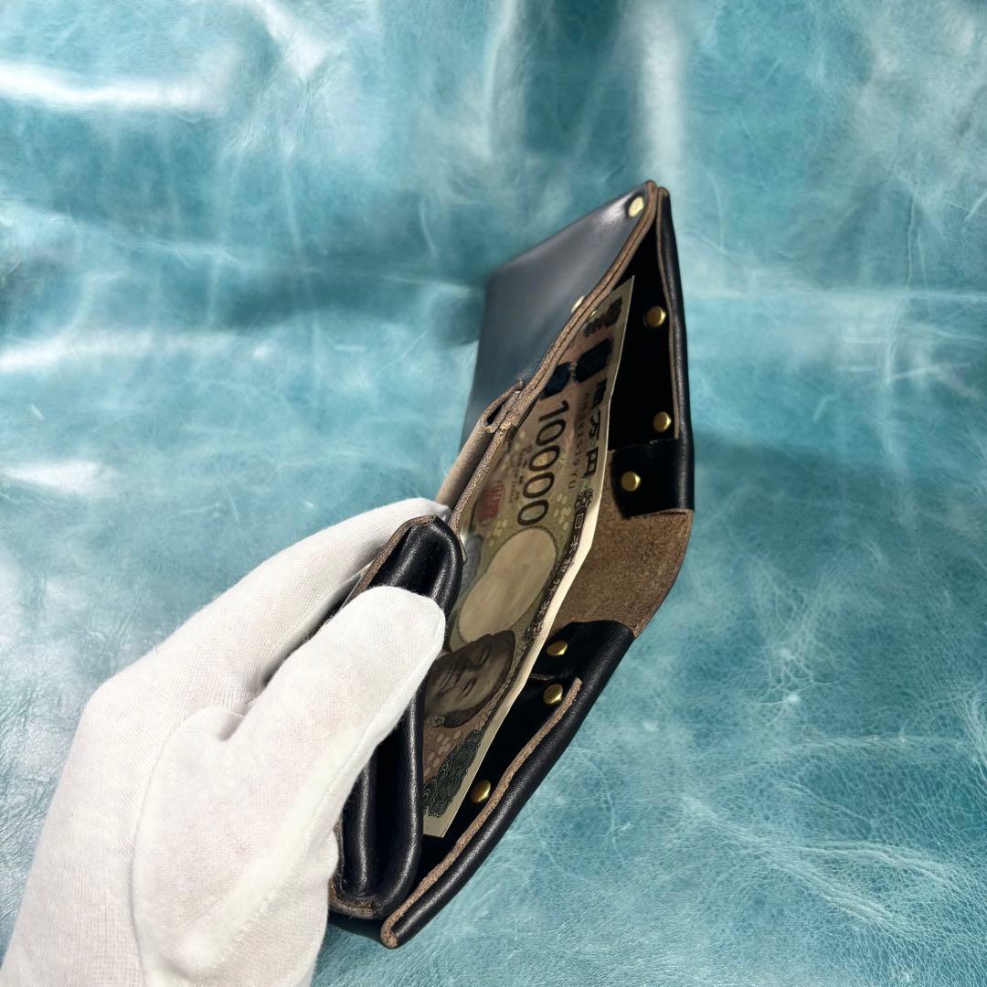 ハンドメイド　二つ折り　革財布　クロムエクセル黒色　真鍮　classical①