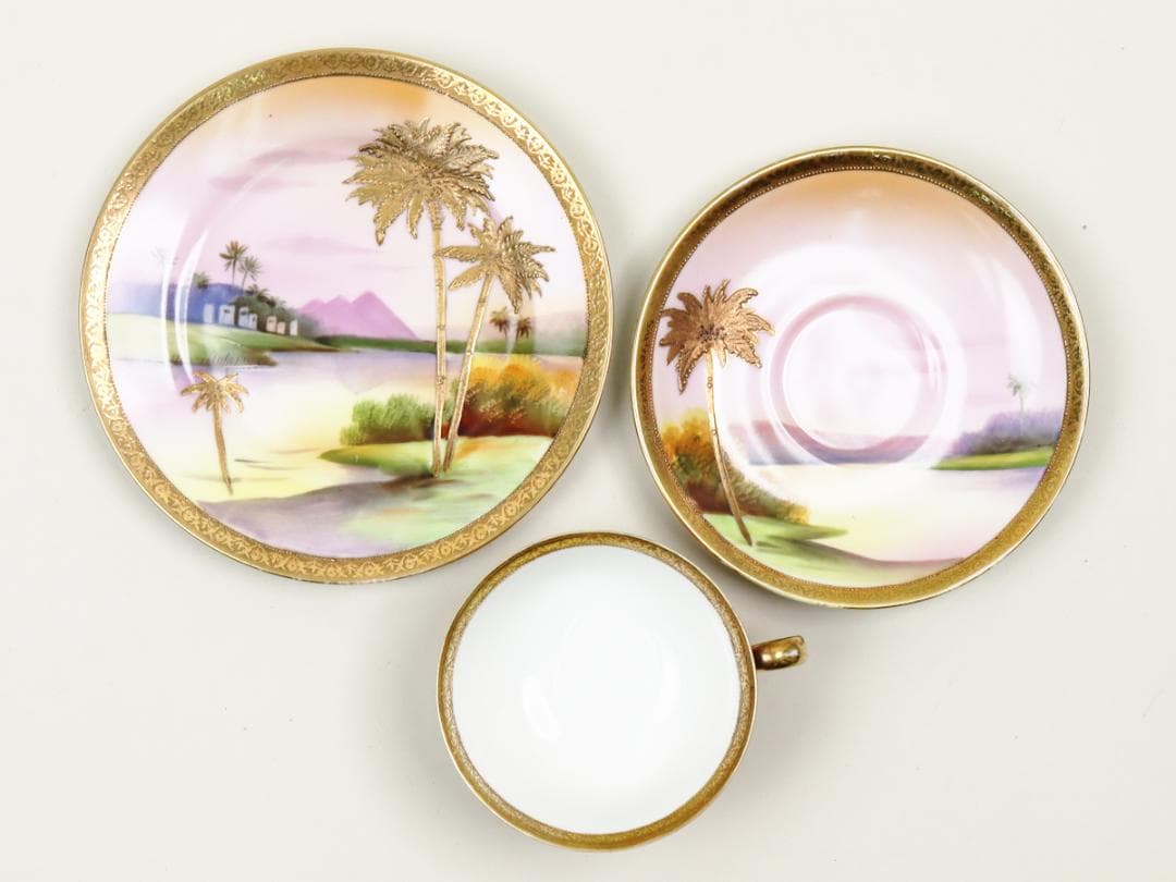 オールドノリタケ 金盛上ヤシの木湖畔 トリオ カップ ソーサー