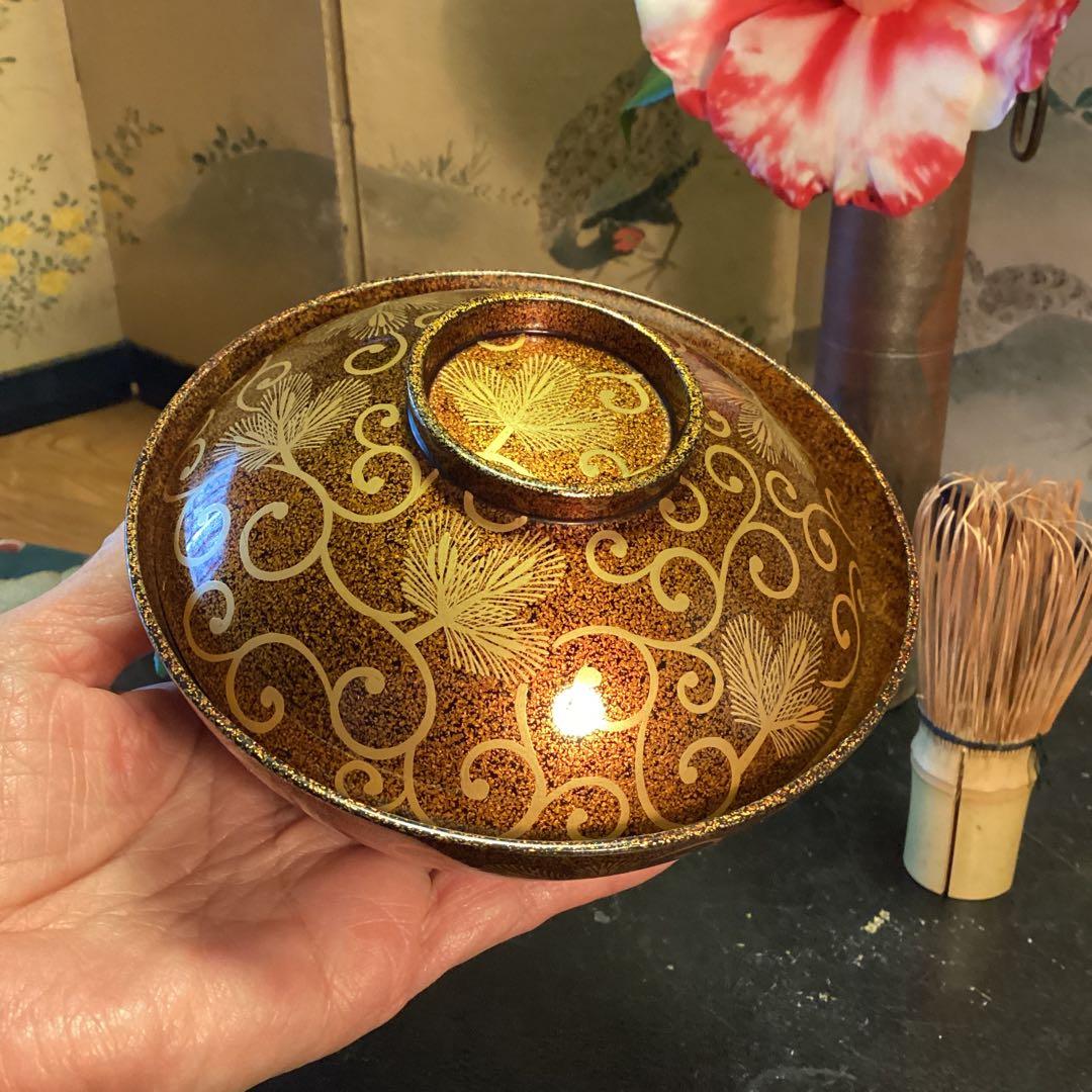 A1033 木製輪島塗　懐石道具　総梨地　松葉唐草　蒔絵　吸物椀　　5客