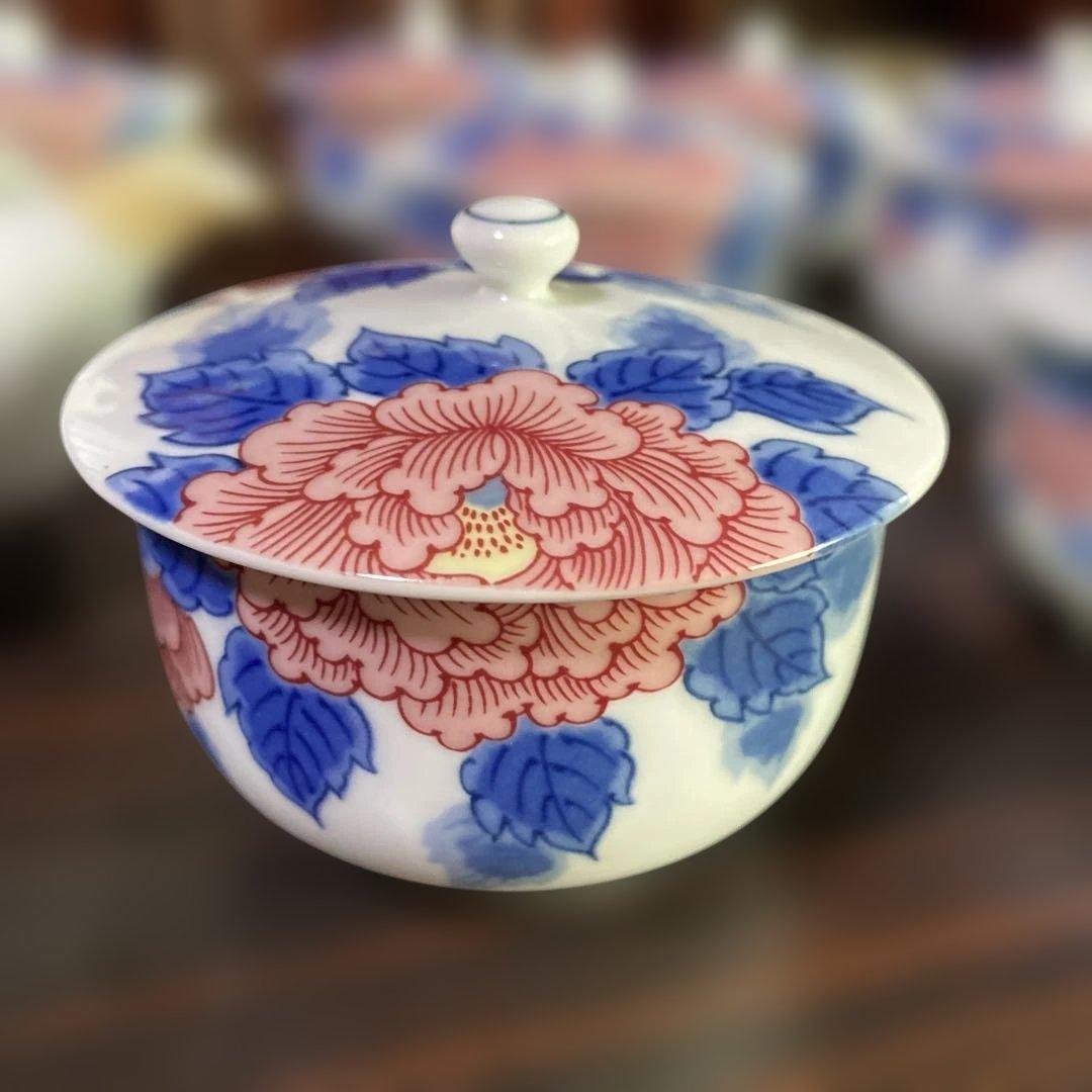 有田焼　有田有陶作　色牡丹絵柄　急須と蓋付き湯呑み10セット