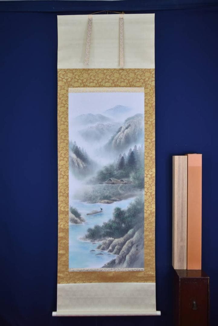 【真作】綾部栄照/彩色山水図/山水漁舟図/幅広/掛軸☆宝船☆AA-978