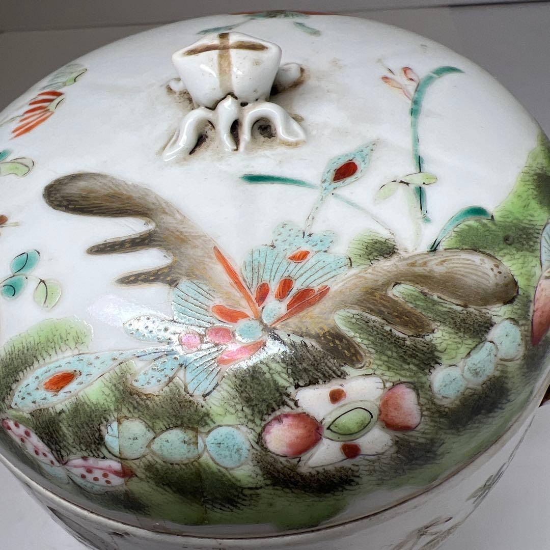 中国清時代 粉彩花蝶図水指 木箱付 高約15.5㎝ 東Y8-0203☆2Fトコチ