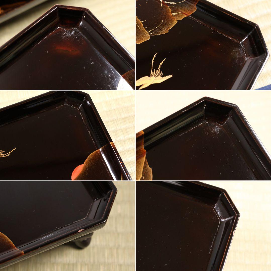 漆芸 山水松竹梅 蝋色塗硯蓋形座附膳 十客 金蒔絵 四方膳 蓬莱鶴亀