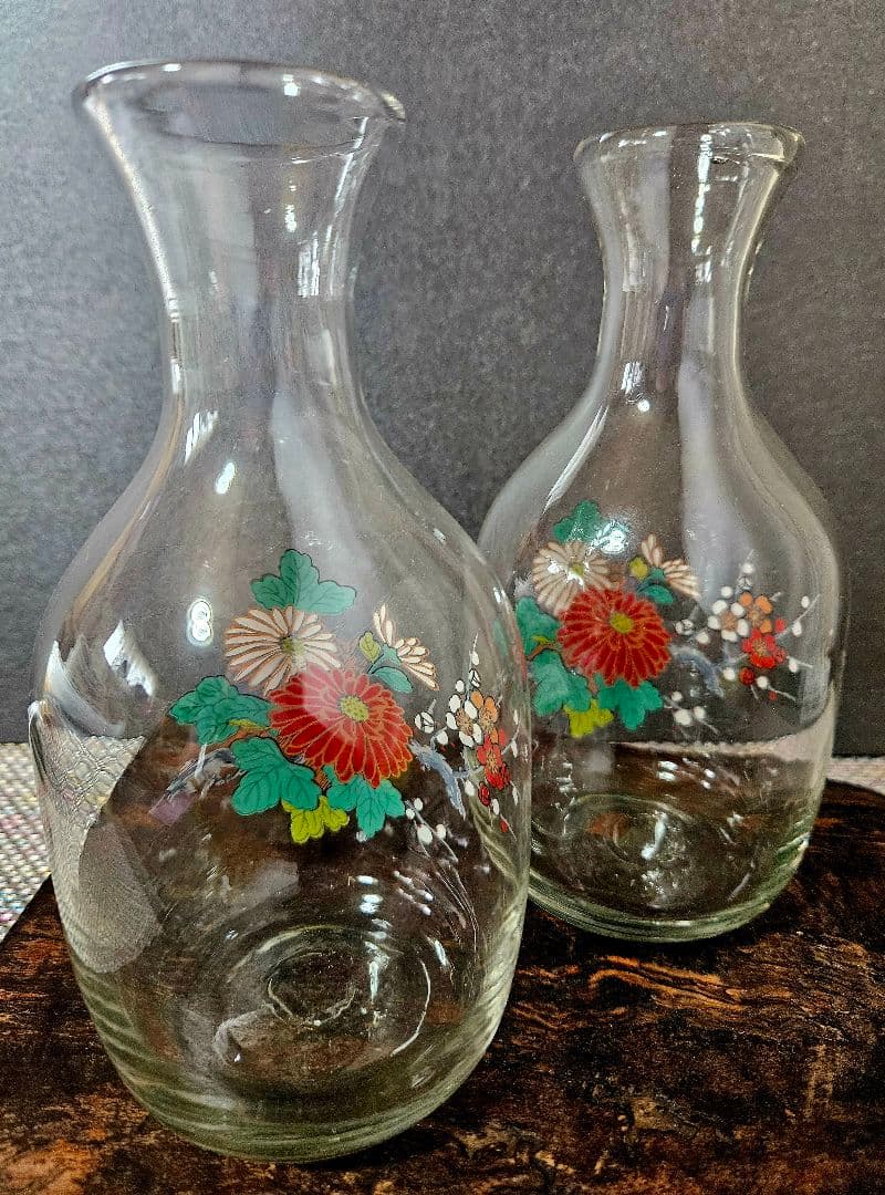 時代物❗昭和戦前頃 古硝子 ガラス絵 菊花に梅花図 酒徳利一対 酒器
