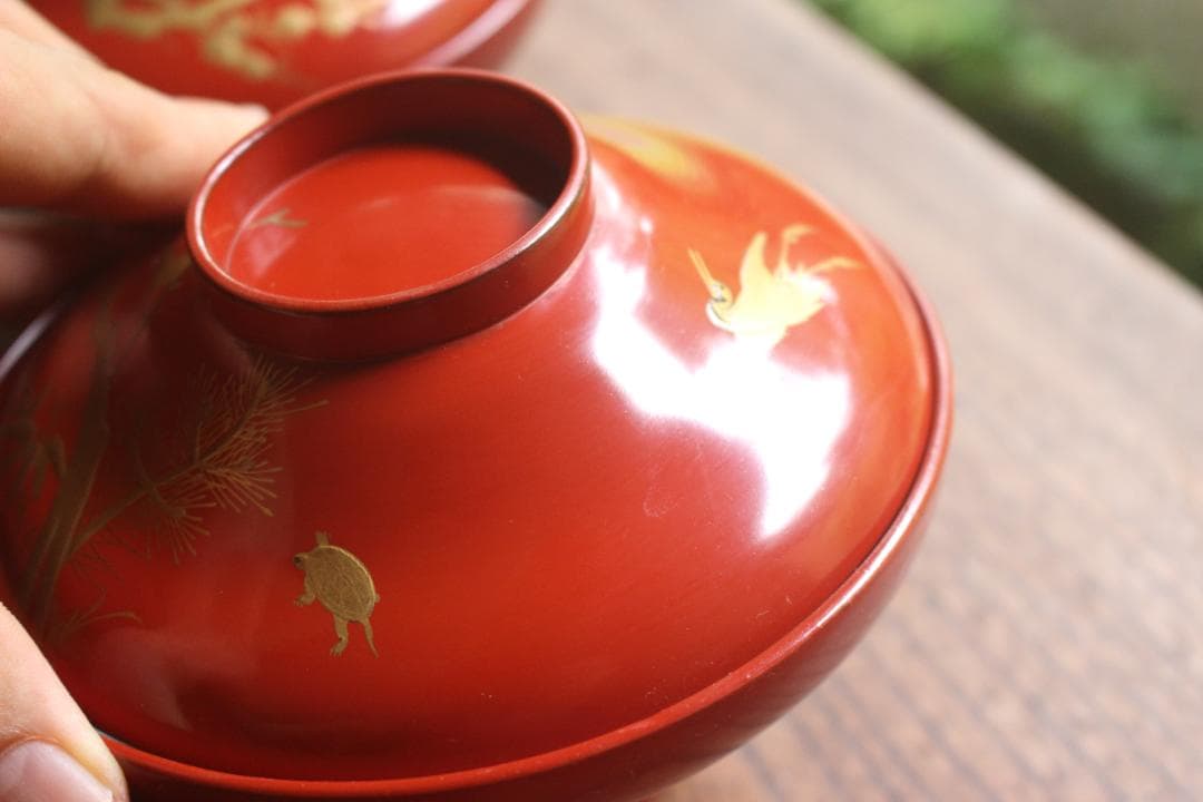 絵柄選択可！時代朱漆に優美な絵替風物蒔絵の映えるお椀7点（検輪島塗蒔絵椀