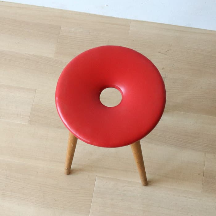 アンティーク 木製 赤 丸スツール 古家具 ブナ リング レトロ