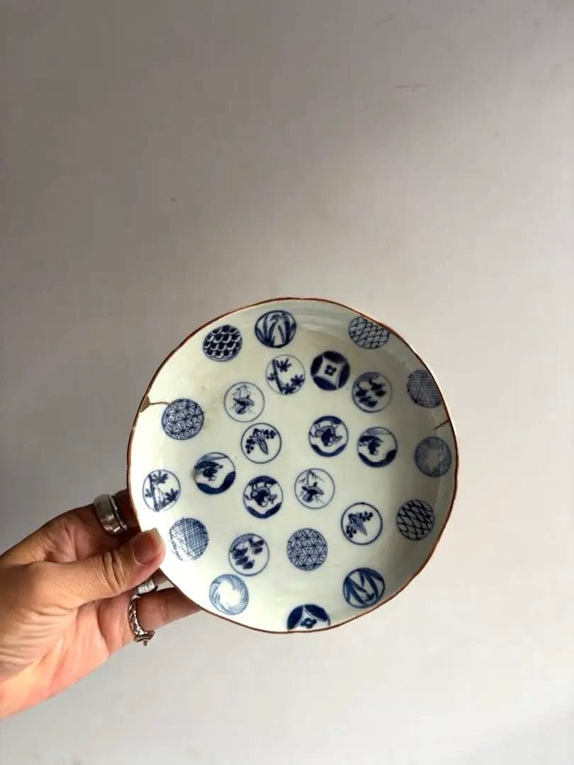 679 骨董 古伊万里 太明成化年製 丸紋染付5寸皿 2点組 幕末 金継ぎ