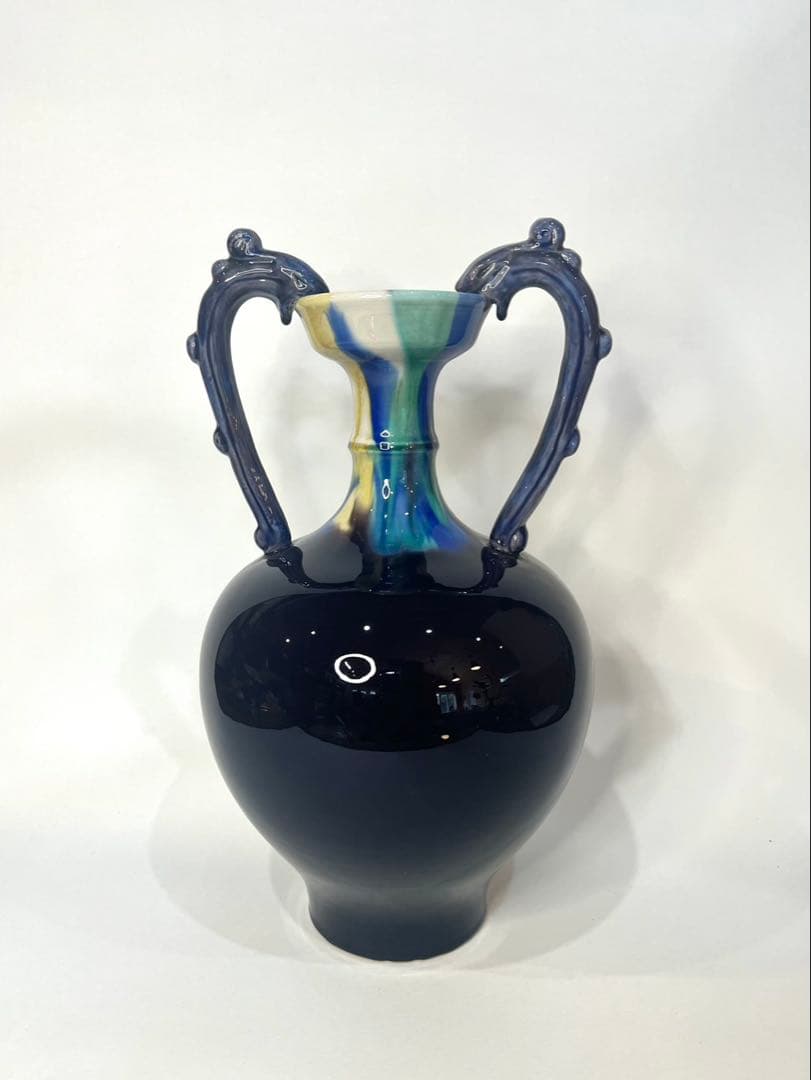 人間国宝】三代 徳田八十吉 【正彦銘】彩釉 耳付壺 約37.5