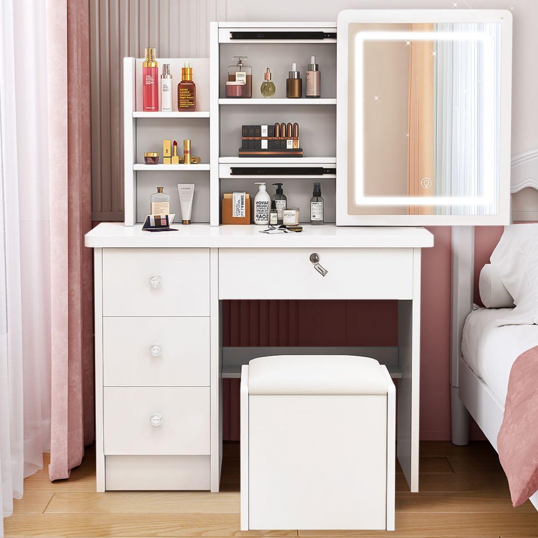 限定セール)ドレッサー コンパクト 白 3色LED ライト収納沢山 化粧台