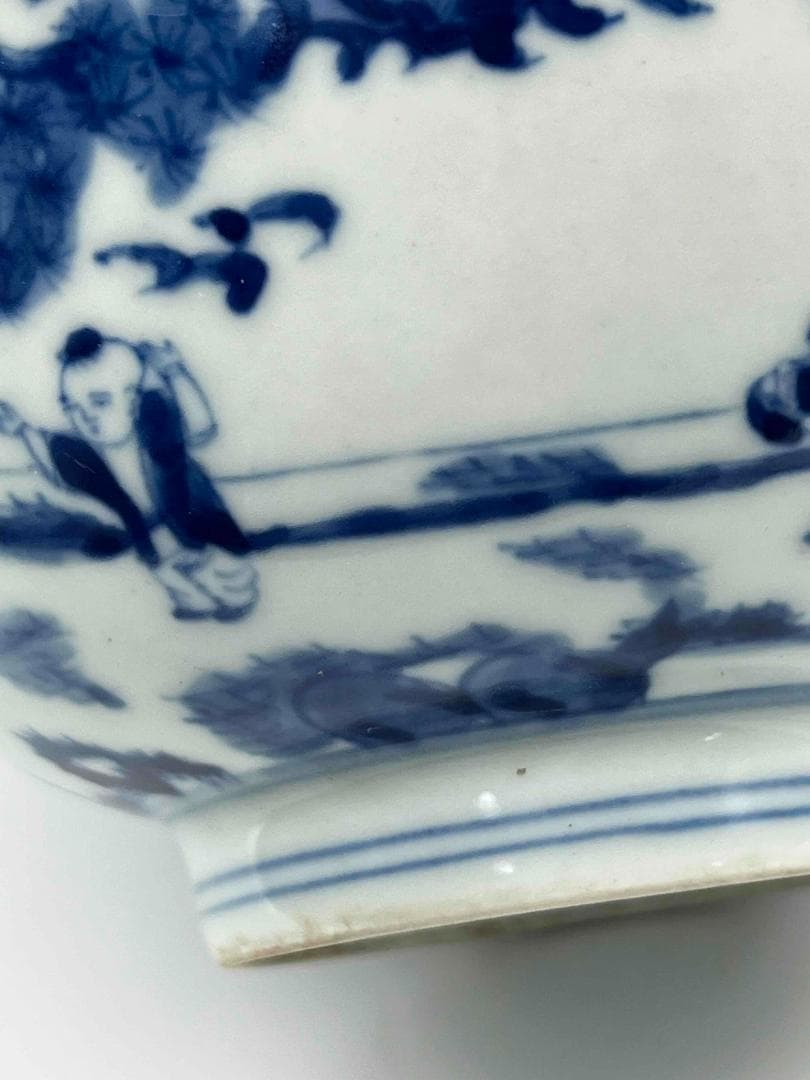 清康煕時代 染付 青花人物子供遊び図碗 青花茶碗 旧家コレクション(B-