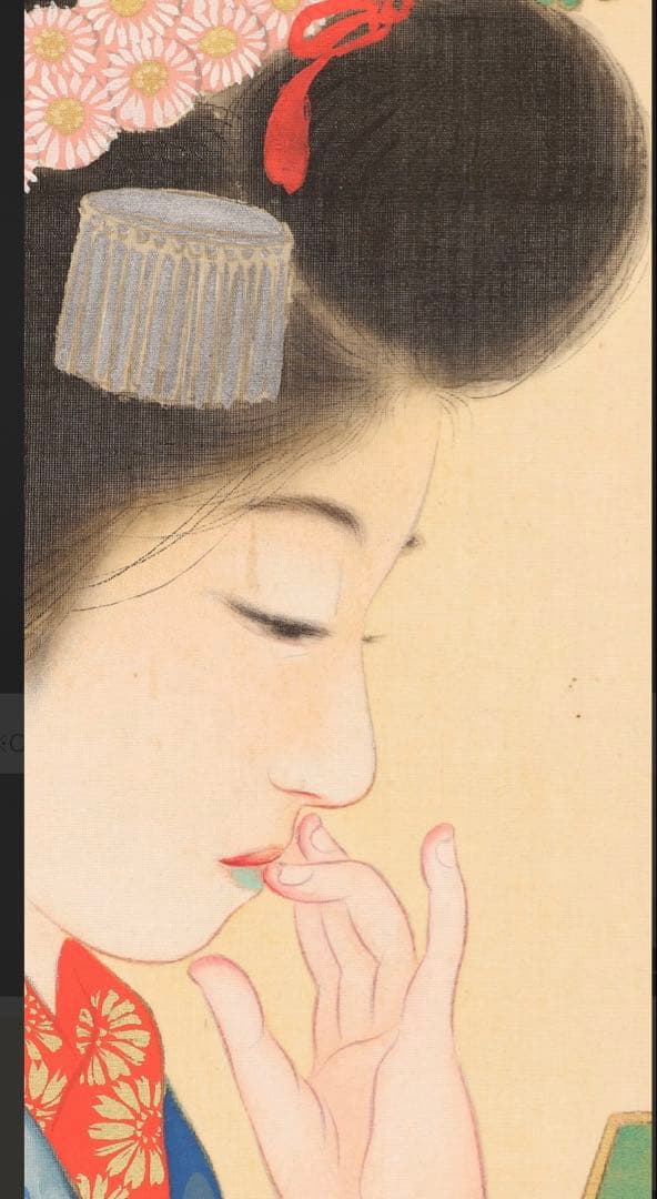 掛軸＜岡本大更＞手鏡に化粧美人図「紅」（HP1442）