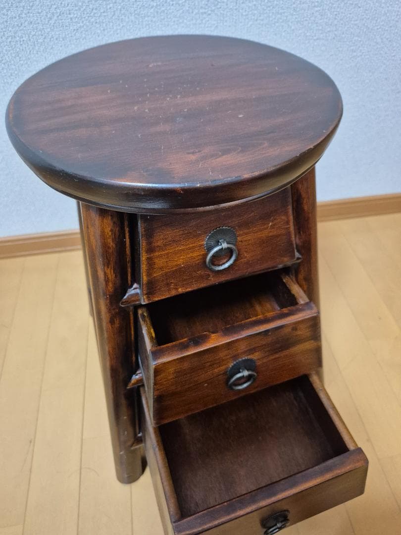 アンティーク 木製サイドテーブル 3段引出し ダークブラウン