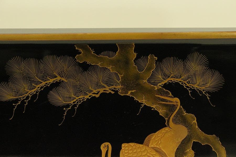 松上鶴蒔絵 四方盆 時代物(A981)