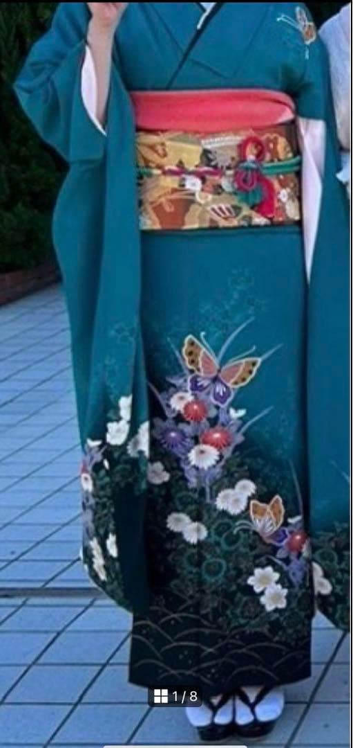 振袖 緑色 蝶々柄 7点セット