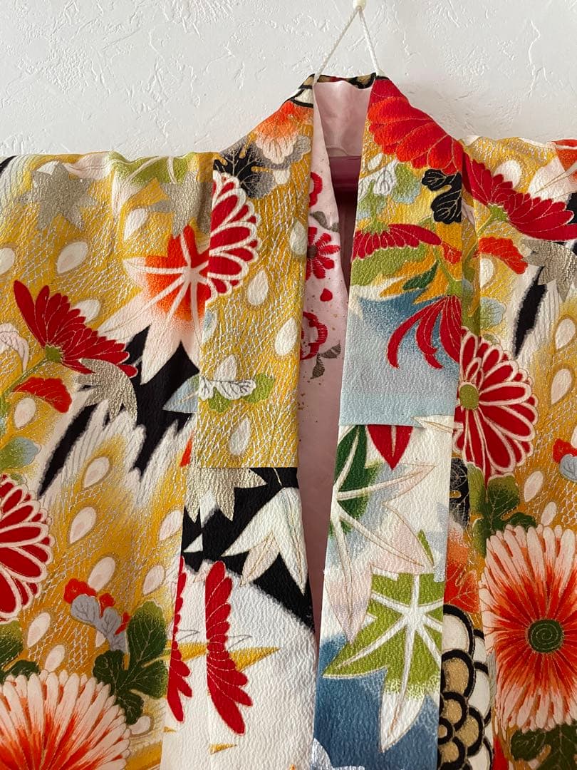 七五三 アンティークお着物セット 5.6歳さん向き　花柄・黒ブーツ　髪飾り付