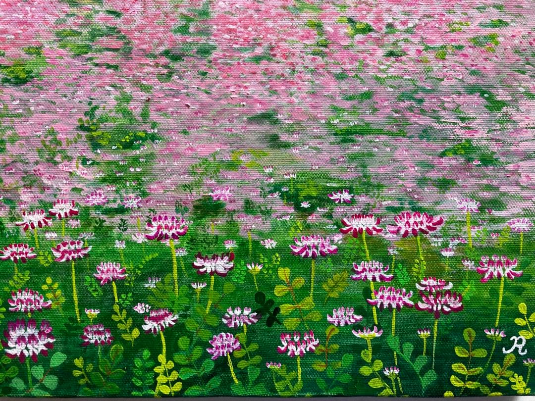 ご依頼品　花の絵　風景画　アクリル画　原画 　「レンゲ畑3」F6