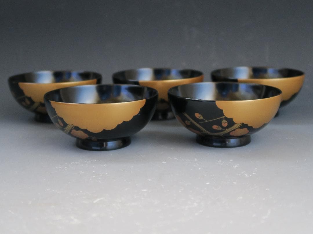 【輪島塗】雲松竹梅蒔絵 吸物椀 黒塗 五客揃 布着請負 天然木 共箱 美術漆器
