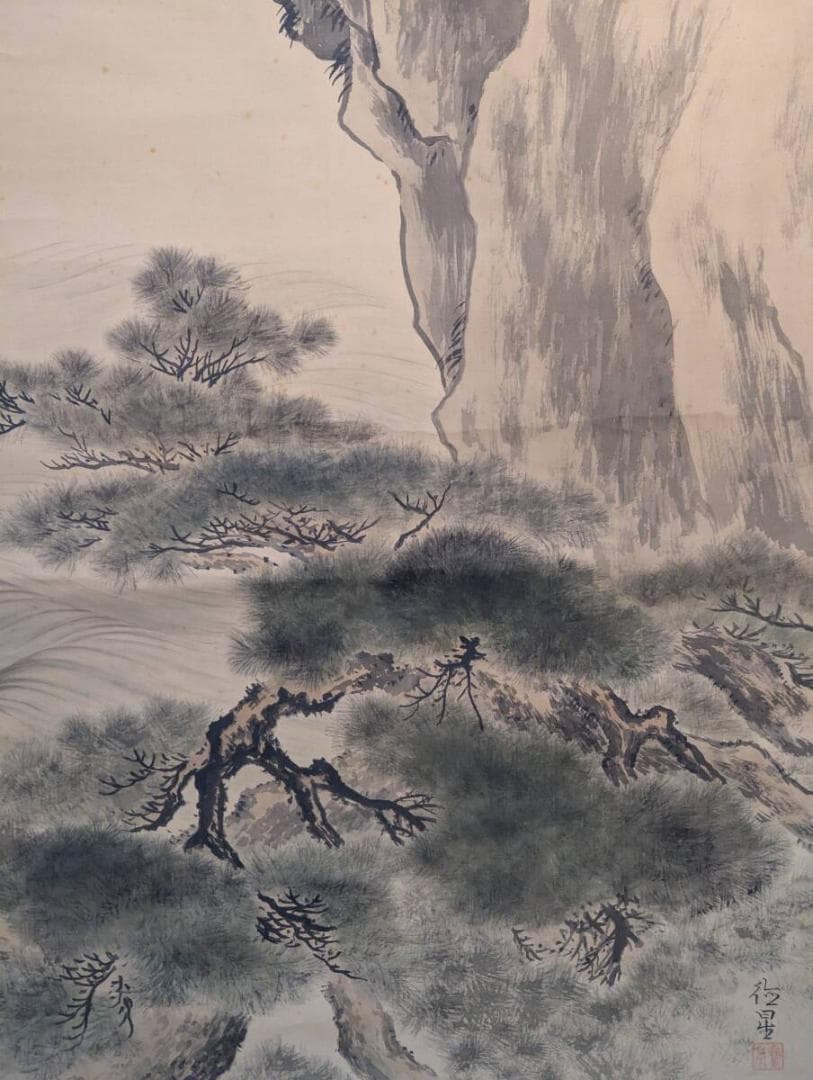 真作】掛軸 藤原徳星 蓬莱双鶴 端正な墨彩画 吉祥画題 二重箱入 T121