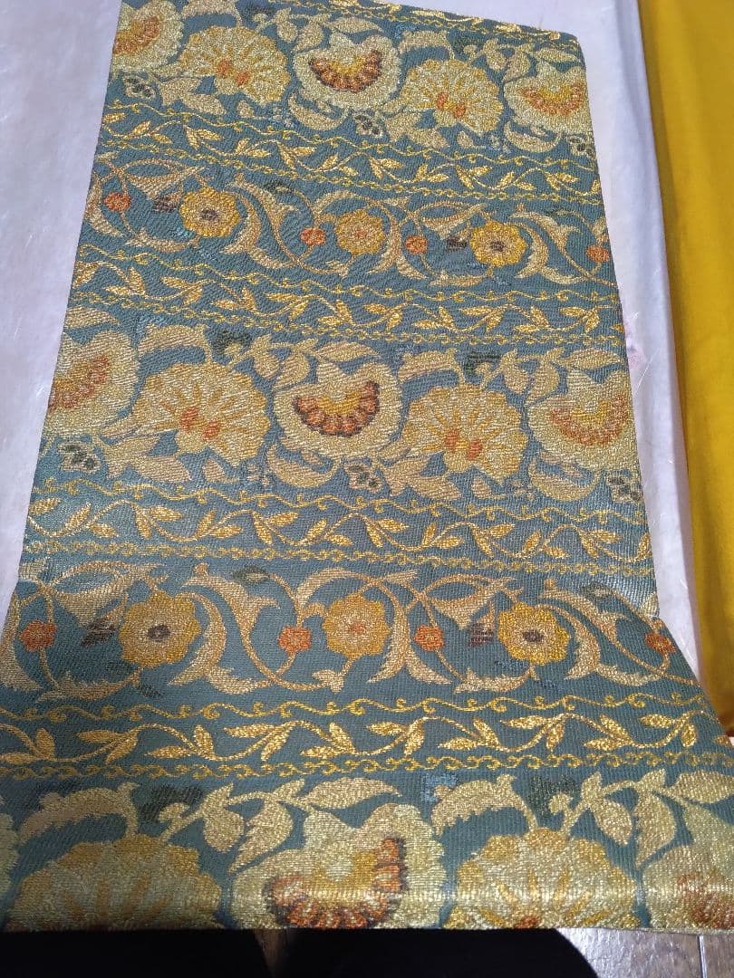 青色金色花柄 帯 専用箱付き - メルカリ