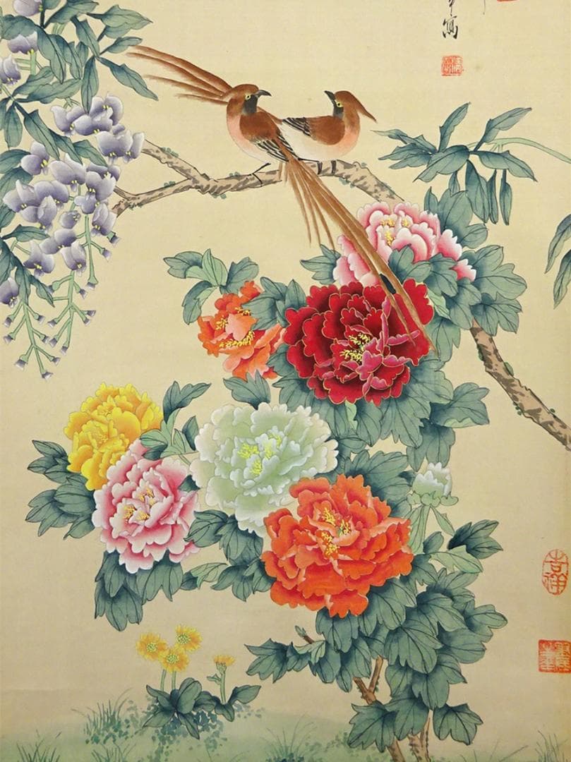 掛軸 清華『紫藤に寿帯鳥 花鳥図』中国画 絹本 肉筆 掛け軸 a11107