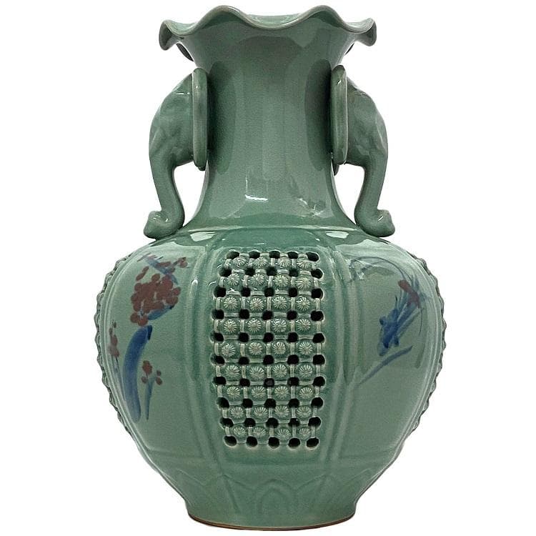 花器 高麗青磁 壺 海泉 透かし彫り 象耳飾り 中古 インテリア 骨董