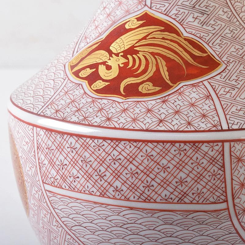 九谷焼　西野昭弘作　昭月造　本金赤細書小紋　鶴首花瓶　共箱　V　R8332B