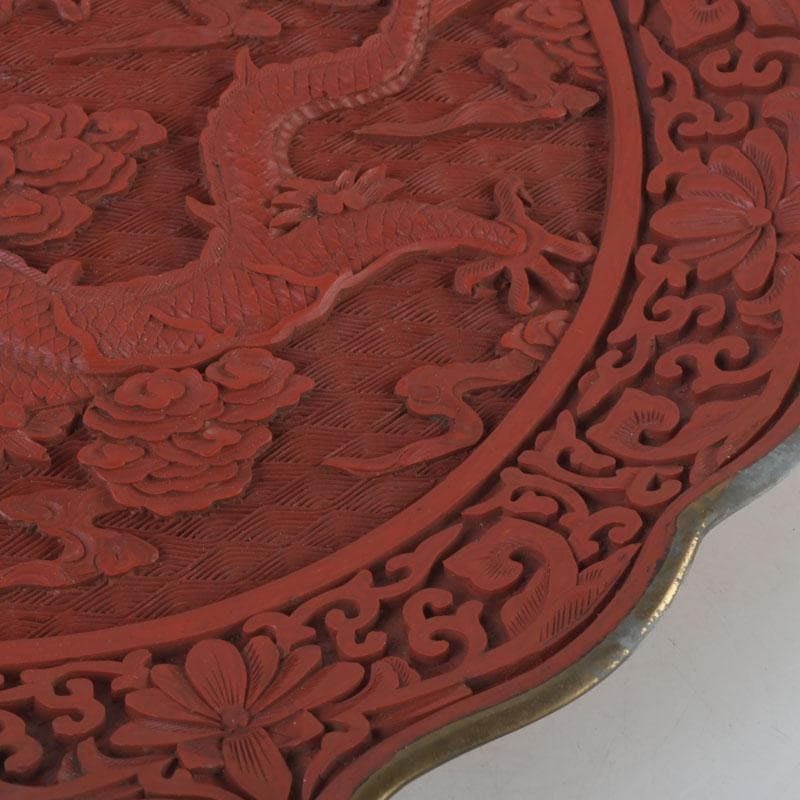 中国　剔紅　堆朱　雲龍文盤　輪花皿　飾皿　皿立付　M　9776