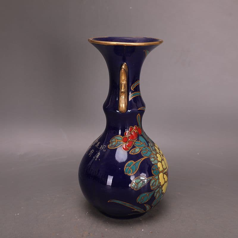 宋汝窯蒔絵景泰藍彩画花鳥如意花瓶 景徳鎮 陶磁器 装飾品 現代工芸品美術品 置物