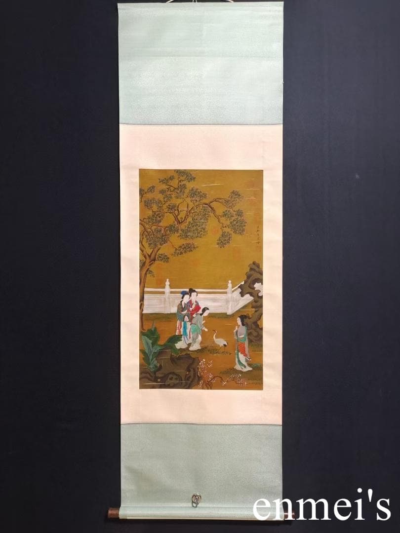 中国古美術・字画三尺仕女人物掛軸・水彩画・唐寅印款・書道品・絹本