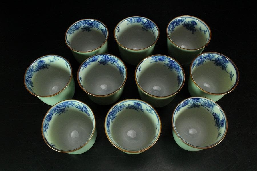 豆青釉 内青花 草花紋 蓋碗 十客 K A747 香月作 山田勢