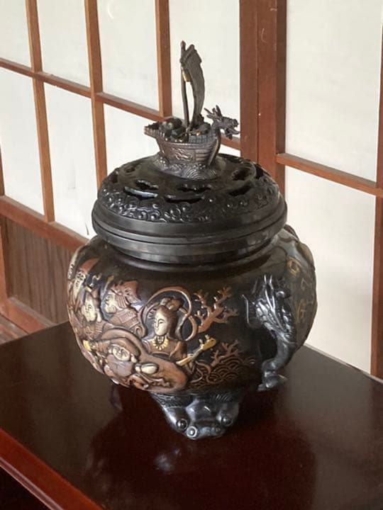 大型七福神銅香炉共箱付 銅器 アンティーク 骨董 高岡 仏具