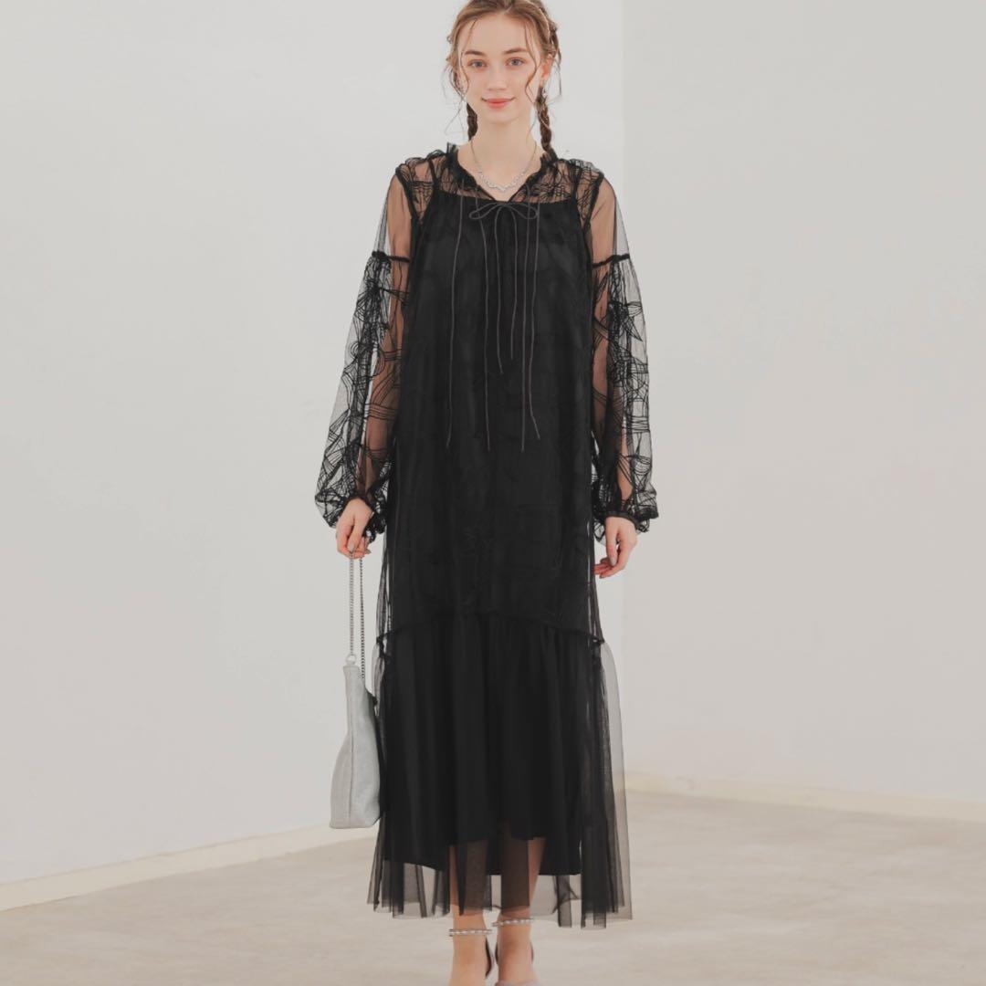 リボン刺繍ギャザードレス Dorry Doll チャコール