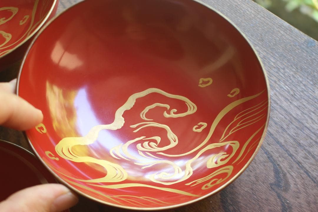 デッドストック！極上金縁朱漆に優美な波千鳥蒔絵のお椀2点（検輪島塗蒔絵椀雑煮椀
