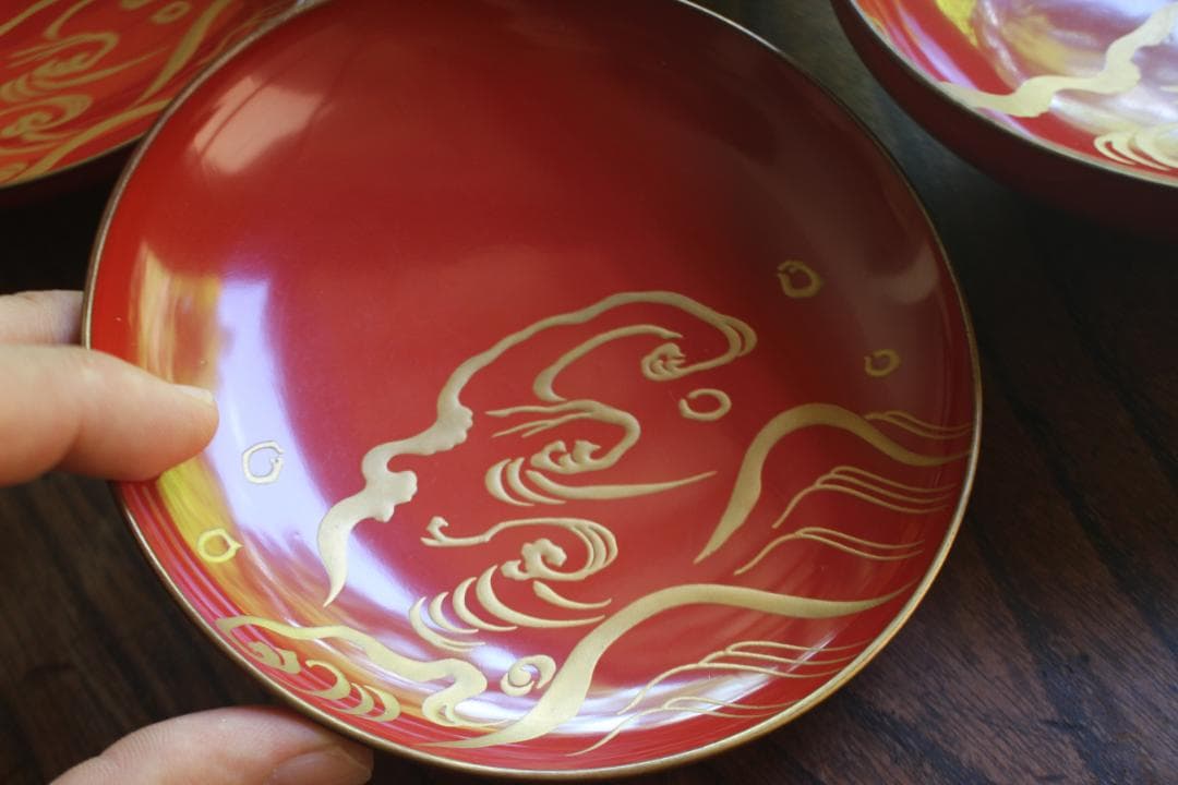 デッドストック！極上金縁朱漆に優美な波千鳥蒔絵のお椀2点（検輪島塗蒔絵椀雑煮椀