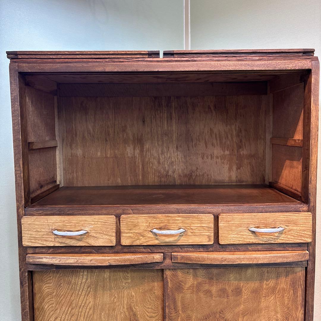 木製食器棚 アンティーク家具 波ガラス レトロ ラック