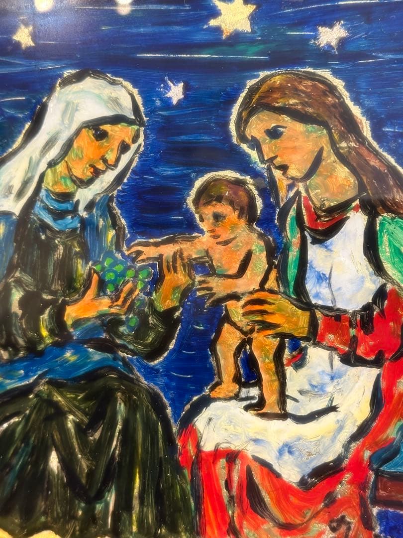 田中忠雄 作 ガラス絵 キリスト教美術 幼な子をかこむマリアとアンナ