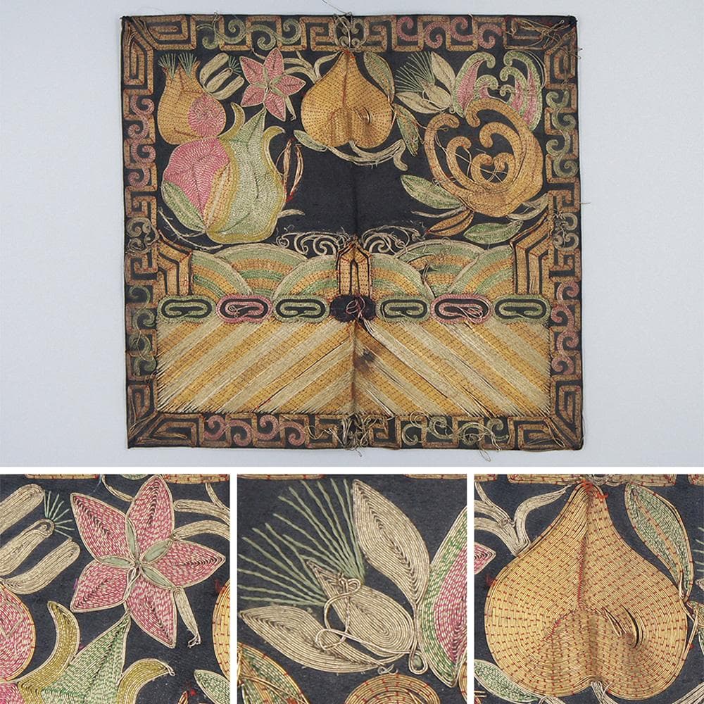 繍】☆ 官品 熊紋五品武官補子 ☆清朝期花卉 祥雲 刺繍文様明清織繍