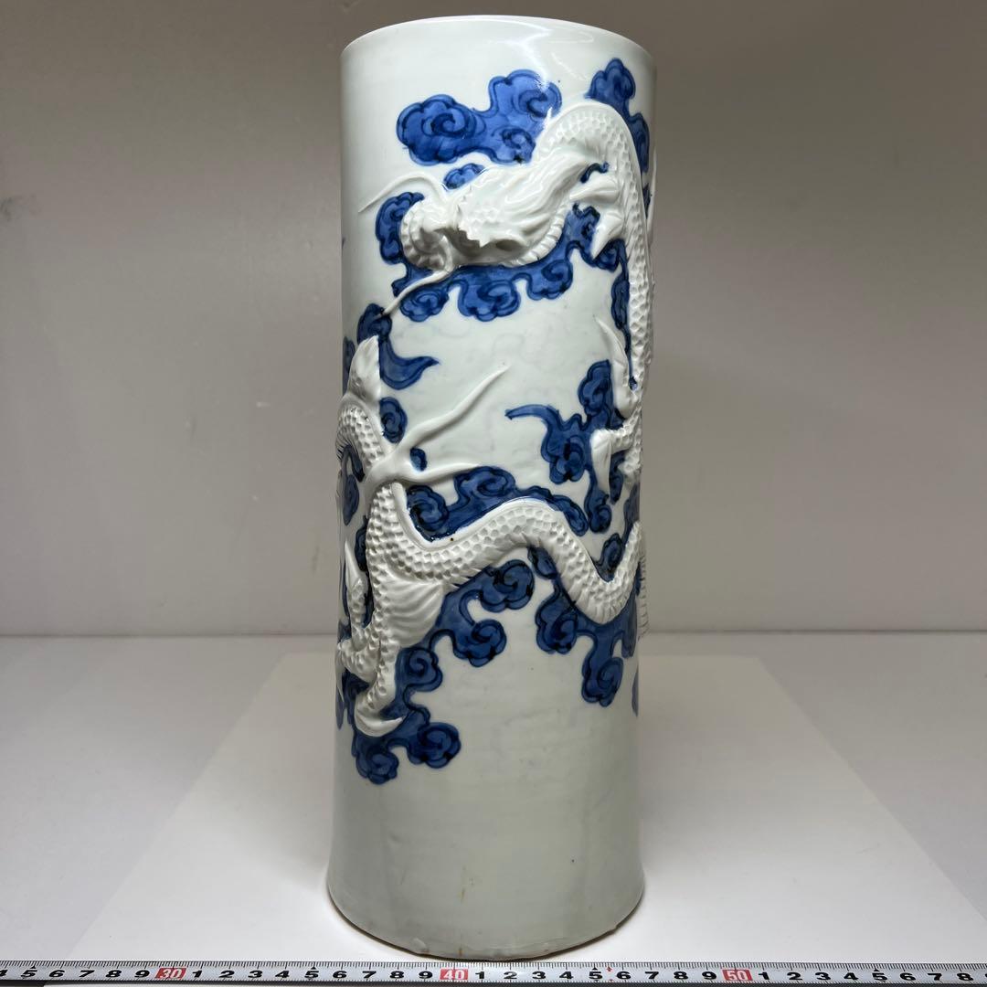 江戸時代 平戸焼 龍浮彫花瓶 高さ約33㎝ 本Y7-0702⭐︎