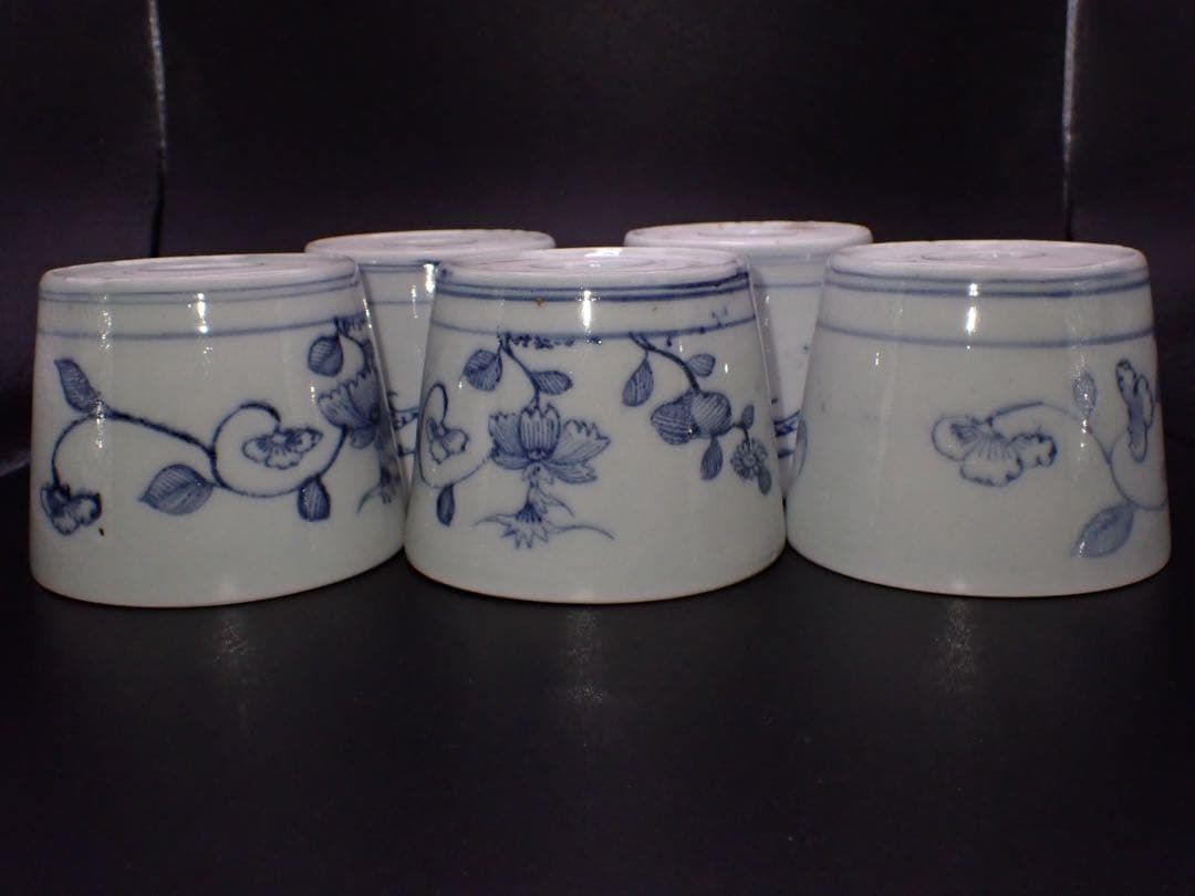 (青6)古伊万里 蕎麦猪口 そば猪口 草花の図 5ヶセット 幕末