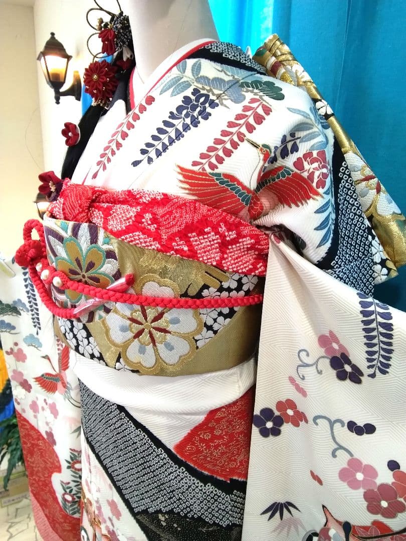 振袖フルセット、正絹絞り振袖、成人式、重ね衿帯揚げ帯締め、西陣袋帯