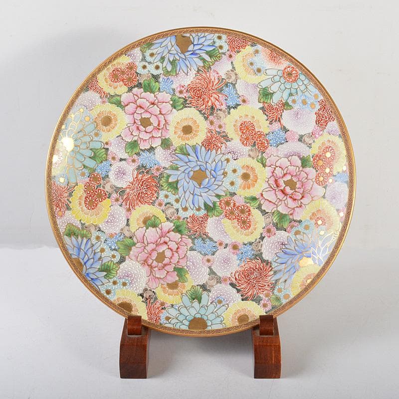 九谷焼　色絵金彩　花文　大皿　飾皿　直径約36㎝　在銘　V　5781C 九谷焼 色絵金彩 花文 大皿 飾皿 直径約36㎝ 在銘 V 5781C