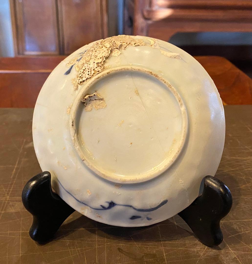 景徳鎮窯染付絵皿 鑑賞台付 ・沈船品 ヴィンテージ レア ・台湾茶器