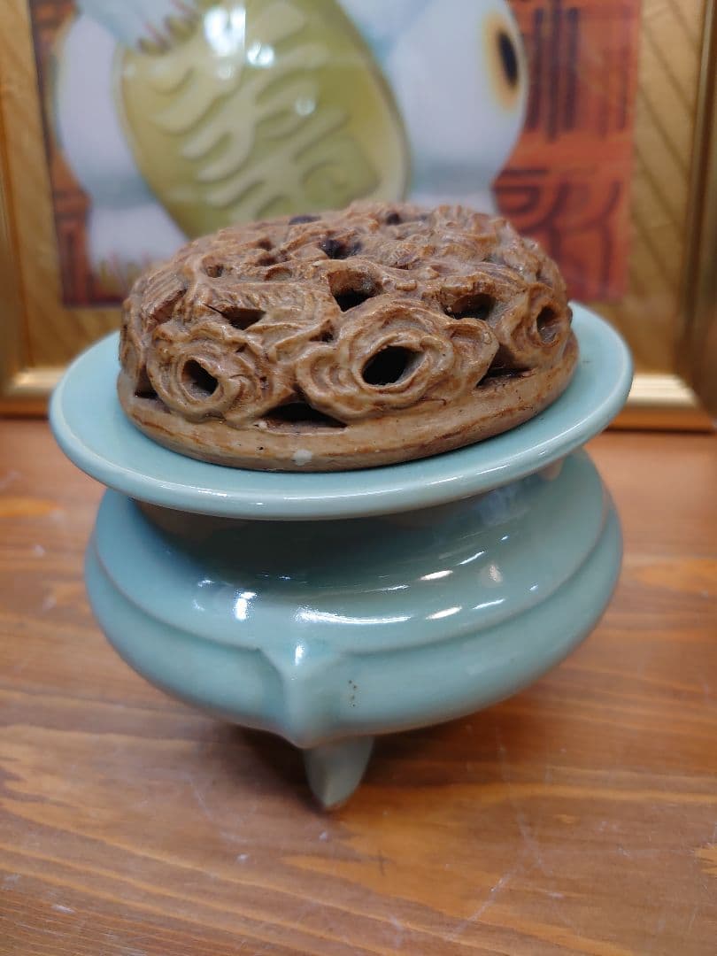 開運 龍 龍神 唐 青磁 雲龍火舎 香炉 骨董品【冨田 輝山作】